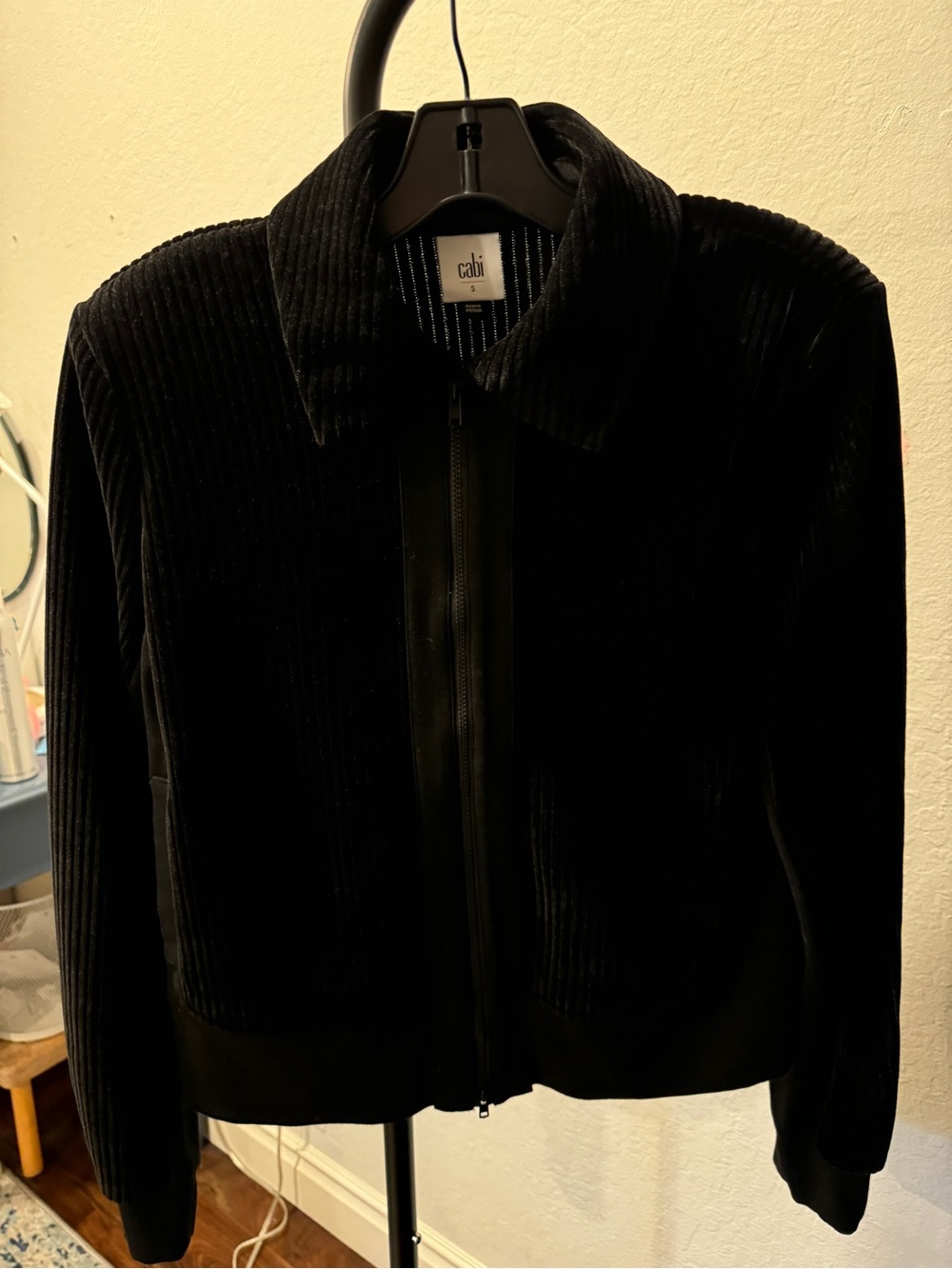 CAbi Black Velvet Zip-Front Bomber Jacket